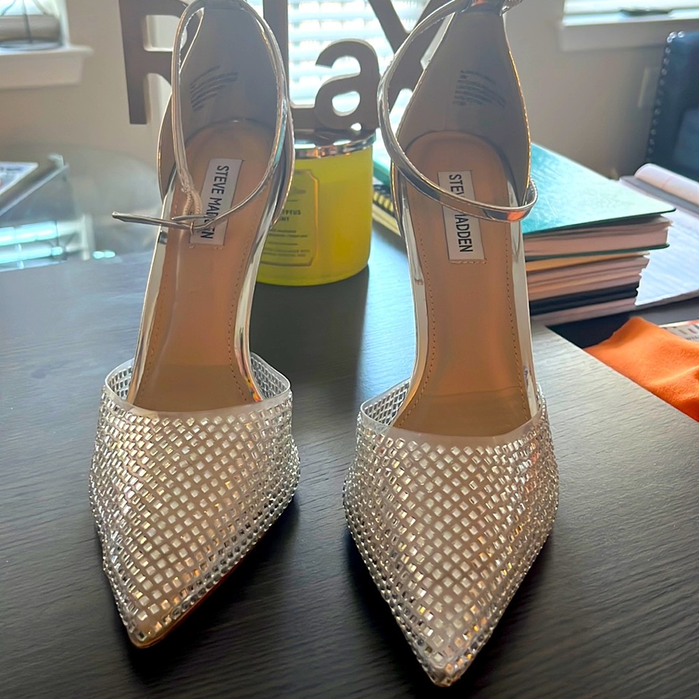 Sparkly rhinestone Steve Madden ankle strap high heels.
